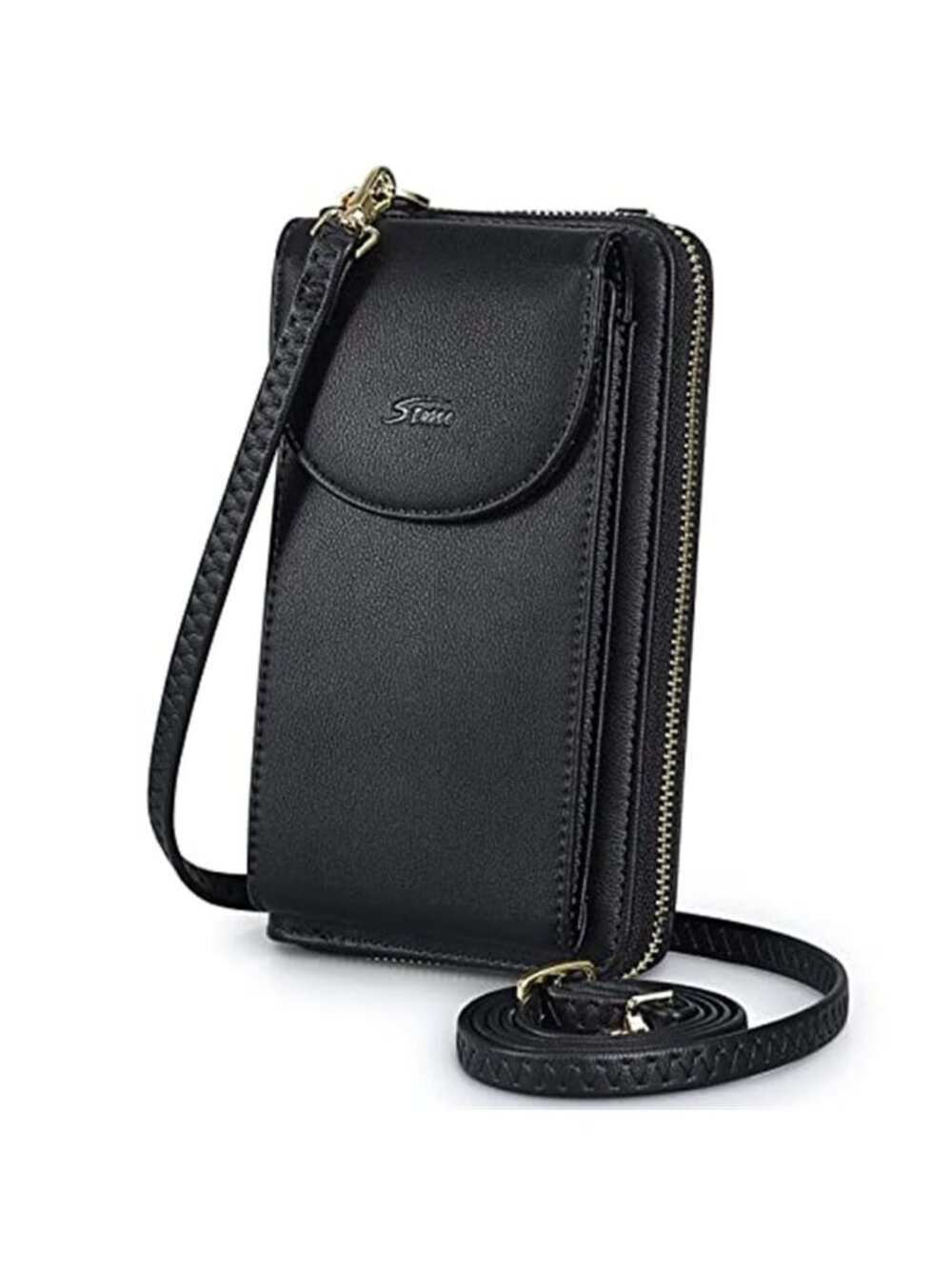 Black Vegan Leather RFID Crossbody Bag Phone Pocket Card Slots Women Purse